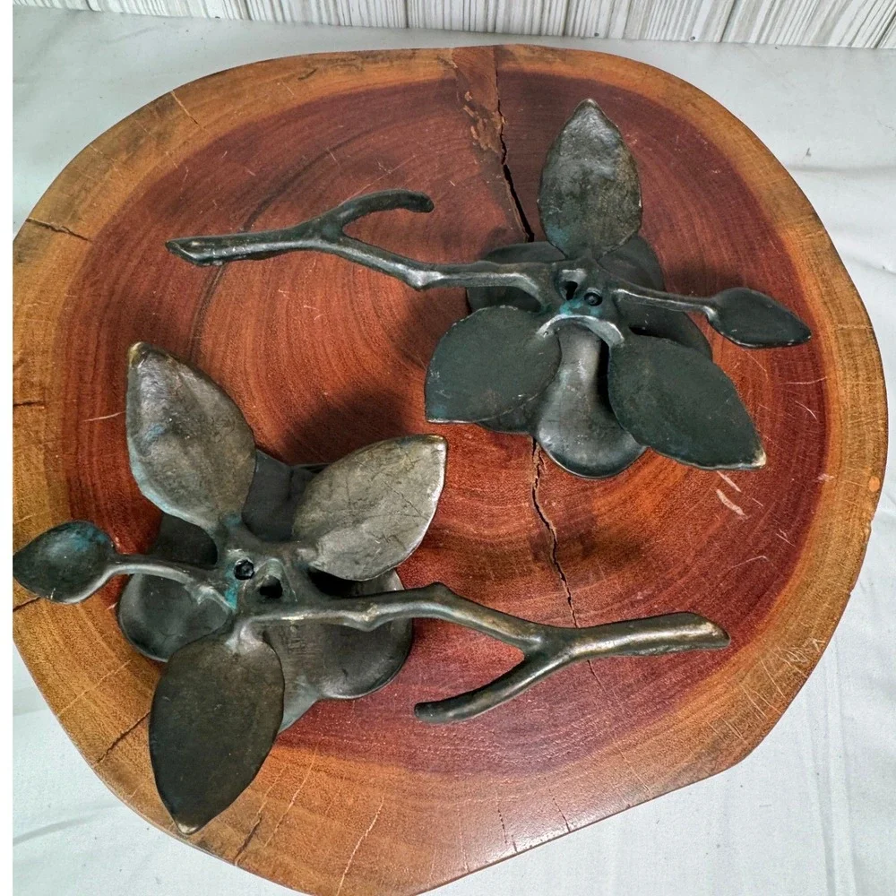 Bronze Magnolia Flower Branch Incense Cone Holders Pair Verdigris Patina Metal